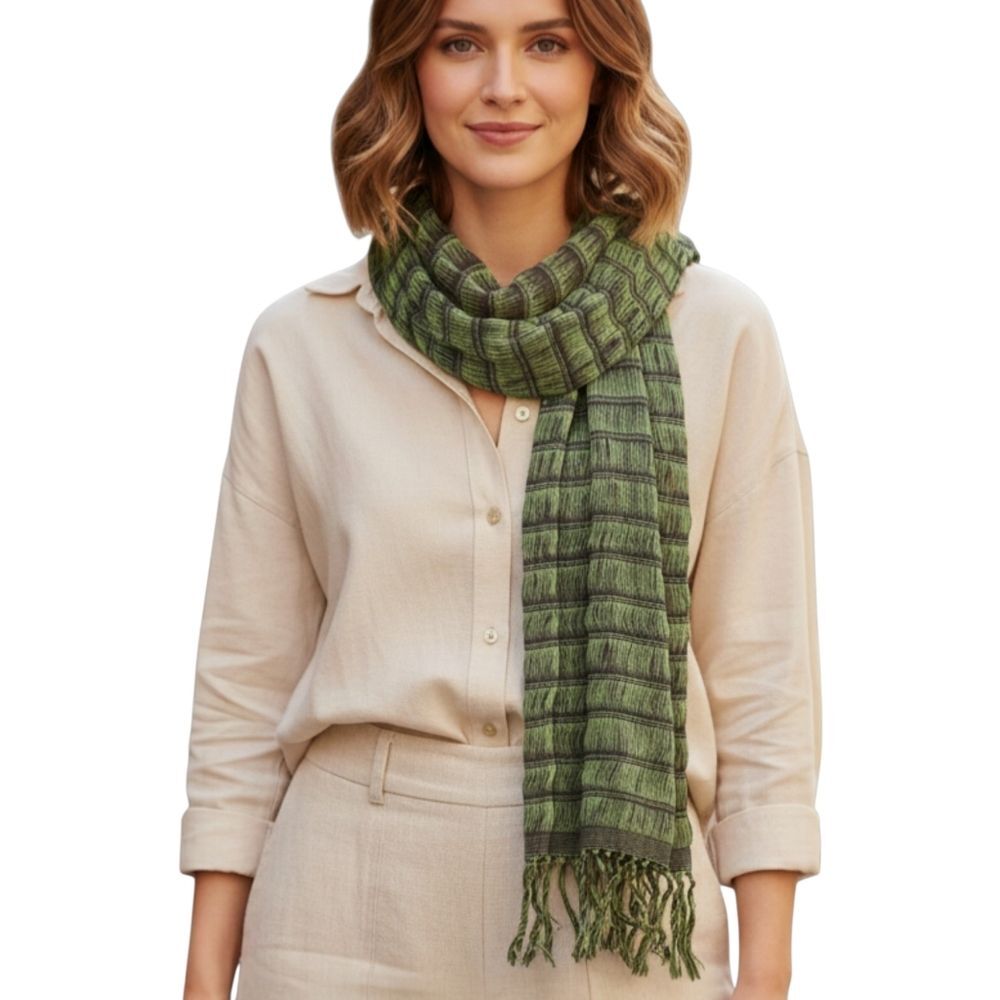 Abrazo Style Cotton Long Scarf Green Handwoven Open-Weave Fringed Made in Mexico